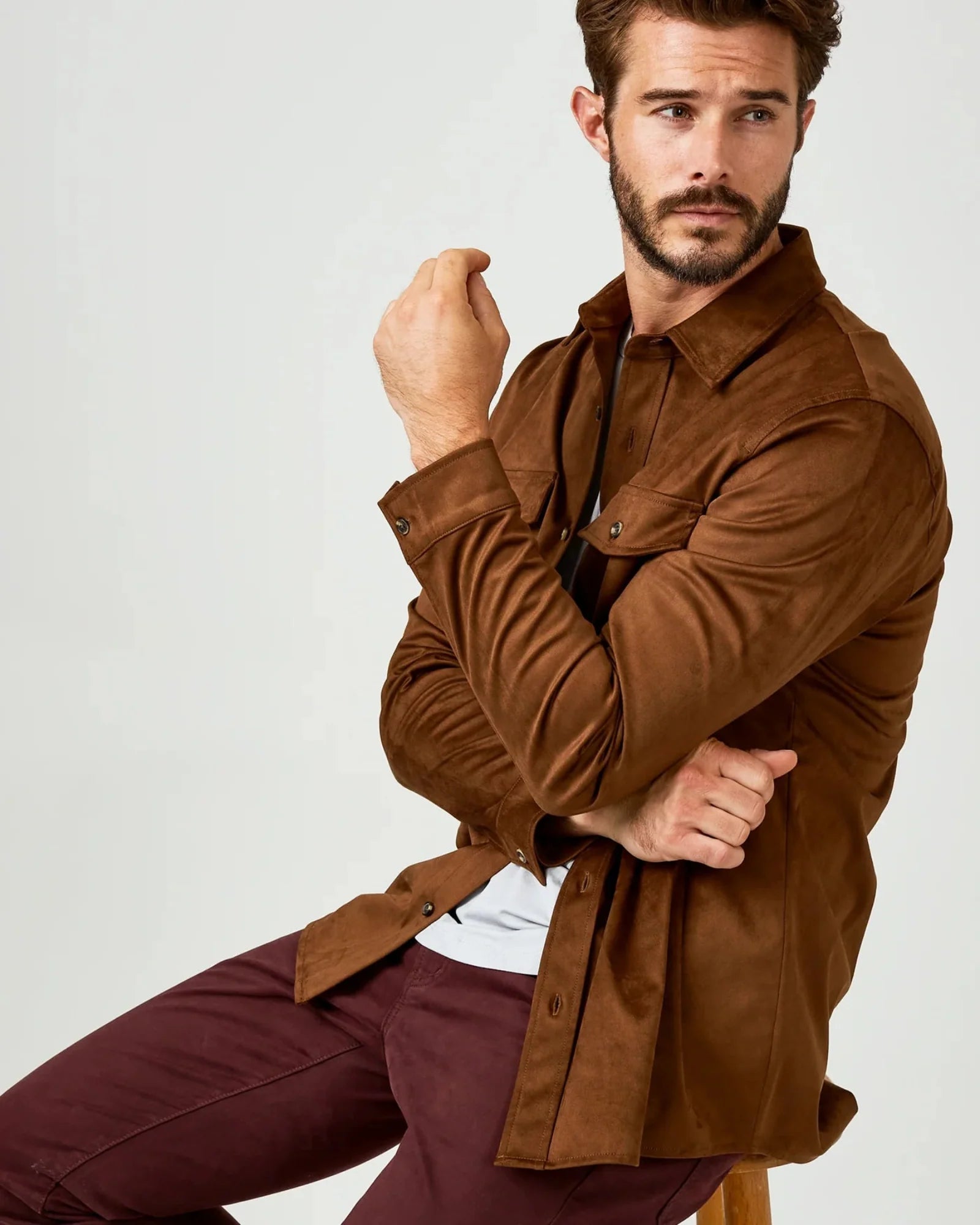 7 Diamonds Suede Over Shirt In Autumn Rust Brown