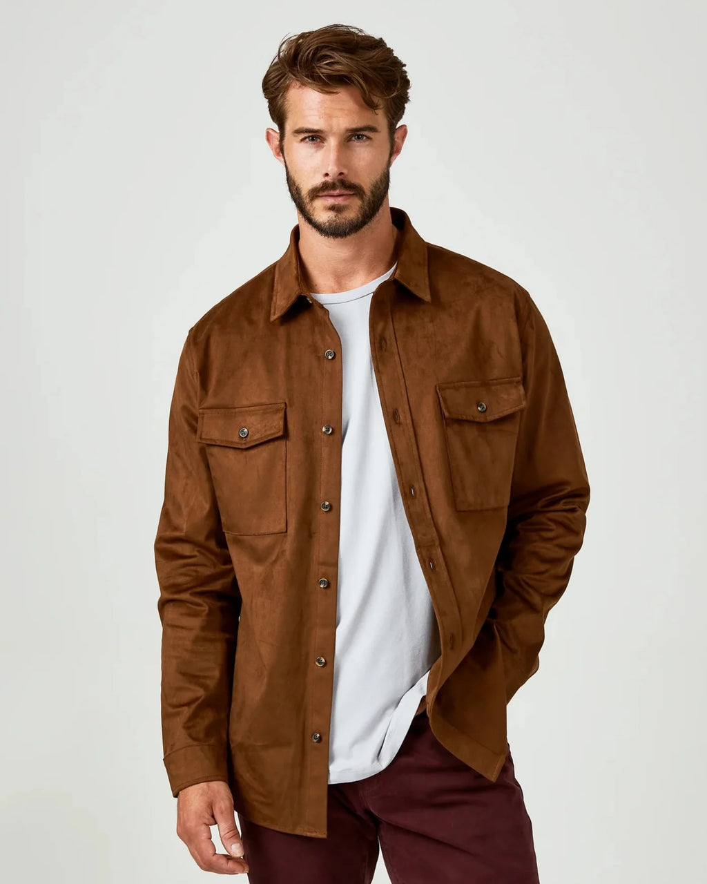 7 Diamonds Suede Over Shirt In Autumn Rust Brown