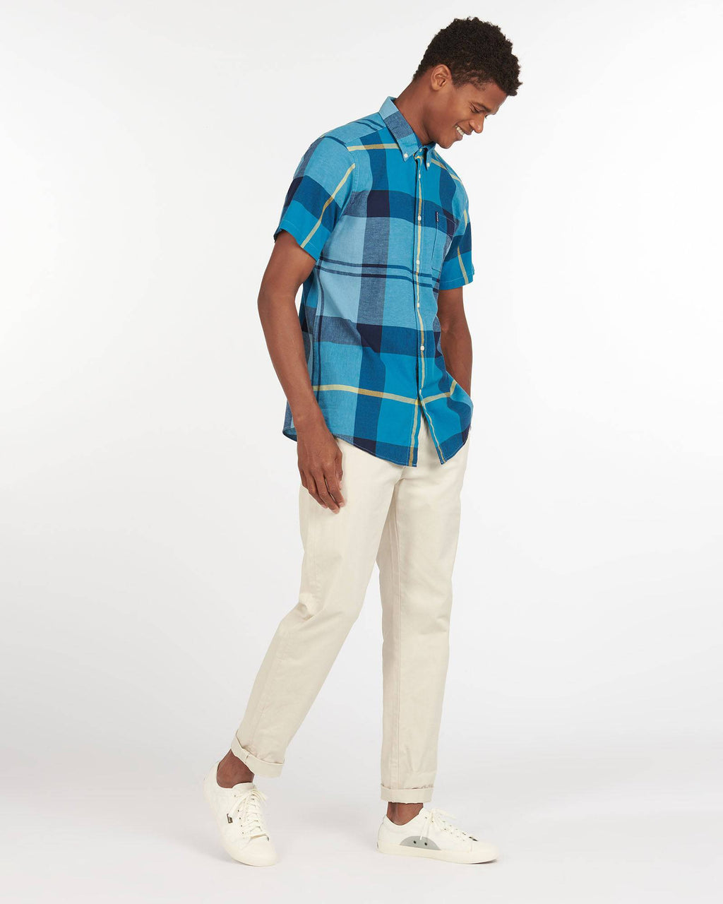 Barbour Douglas Aqua Plaid Short Sleeve Button Down Collar Tailored Fit Shirt - Rainwater's Men's Clothing and Tuxedo Rental