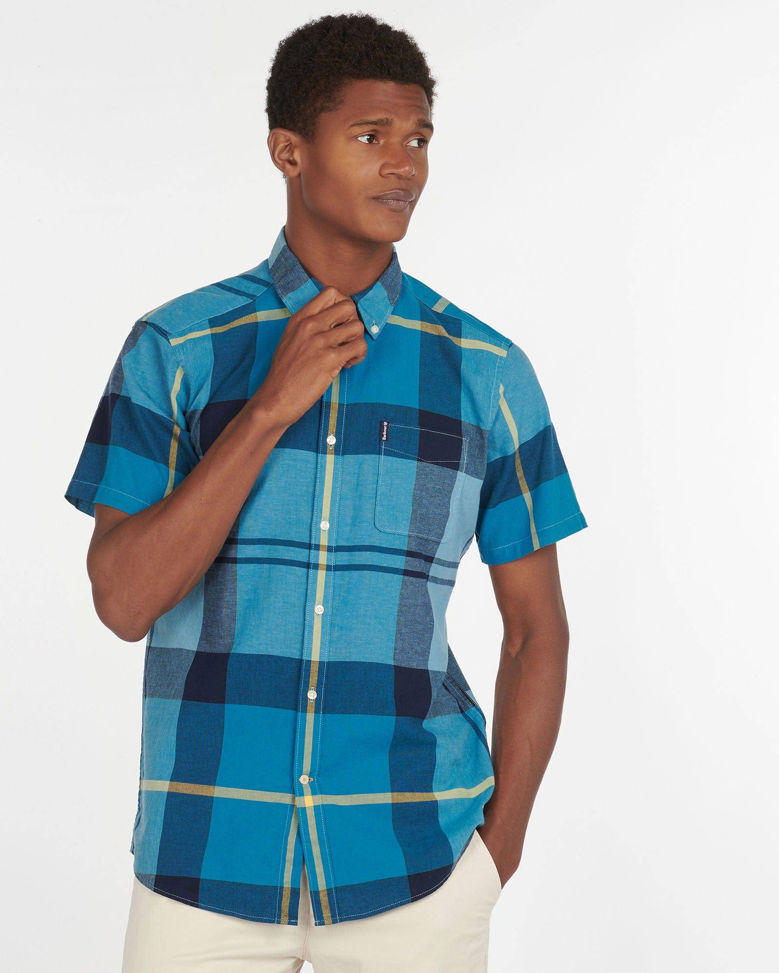 Barbour Douglas Aqua Plaid Short Sleeve Button Down Collar Tailored Fit Shirt - Rainwater's Men's Clothing and Tuxedo Rental