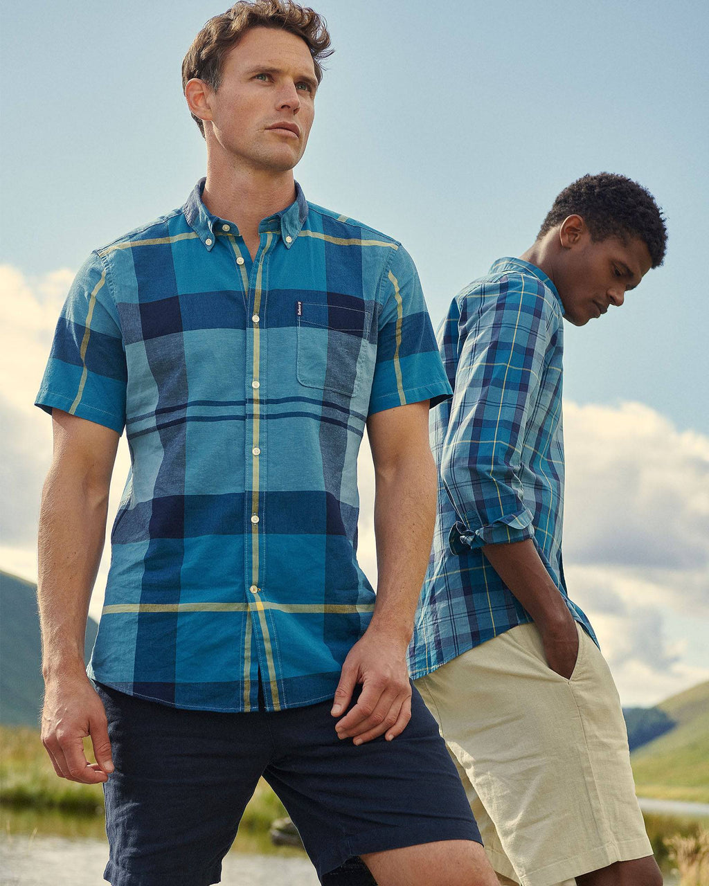 Barbour Douglas Aqua Plaid Short Sleeve Button Down Collar Tailored Fit Shirt - Rainwater's Men's Clothing and Tuxedo Rental