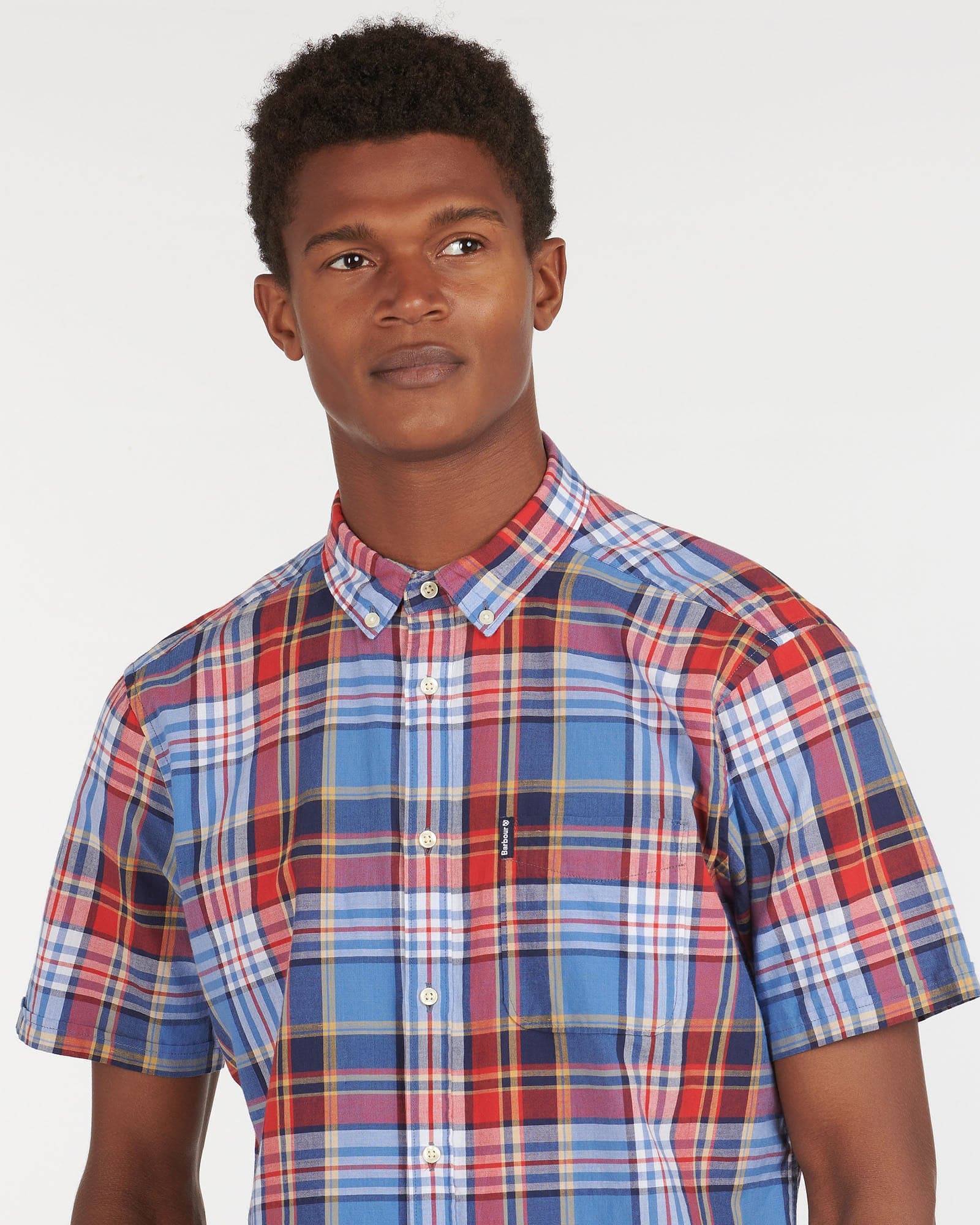 Barbour Madras 9 Plaid Short Sleeve Button Down Collar Shirt In Mid Blue - Rainwater's Men's Clothing and Tuxedo Rental