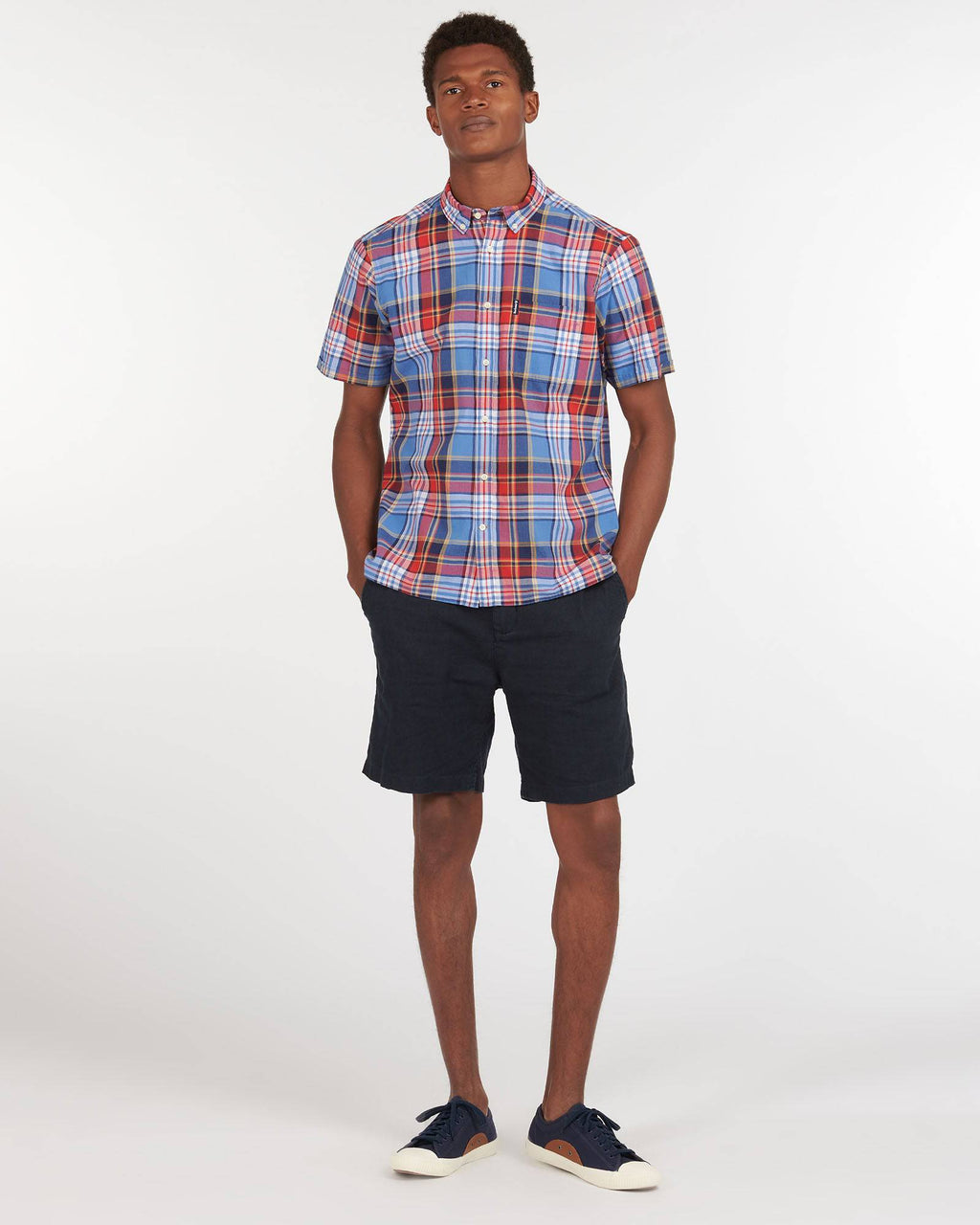 Barbour Madras 9 Plaid Short Sleeve Button Down Collar Shirt In Mid Blue - Rainwater's Men's Clothing and Tuxedo Rental