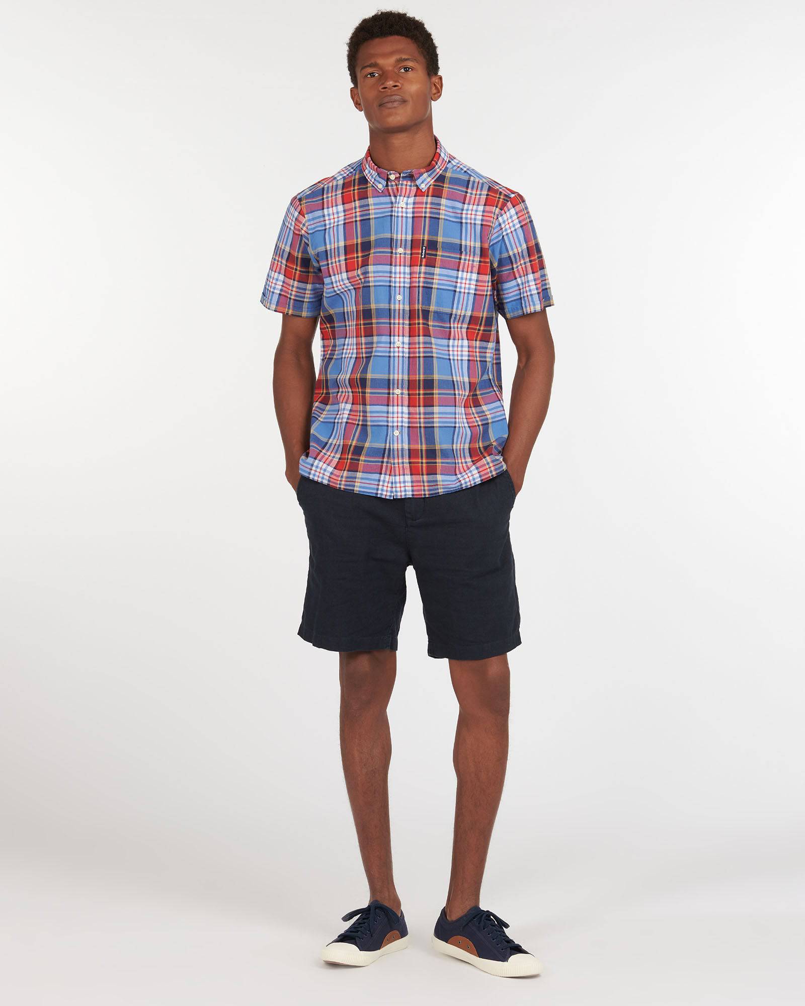 Barbour Madras 9 Plaid Short Sleeve Button Down Collar Shirt In Mid Blue - Rainwater's Men's Clothing and Tuxedo Rental