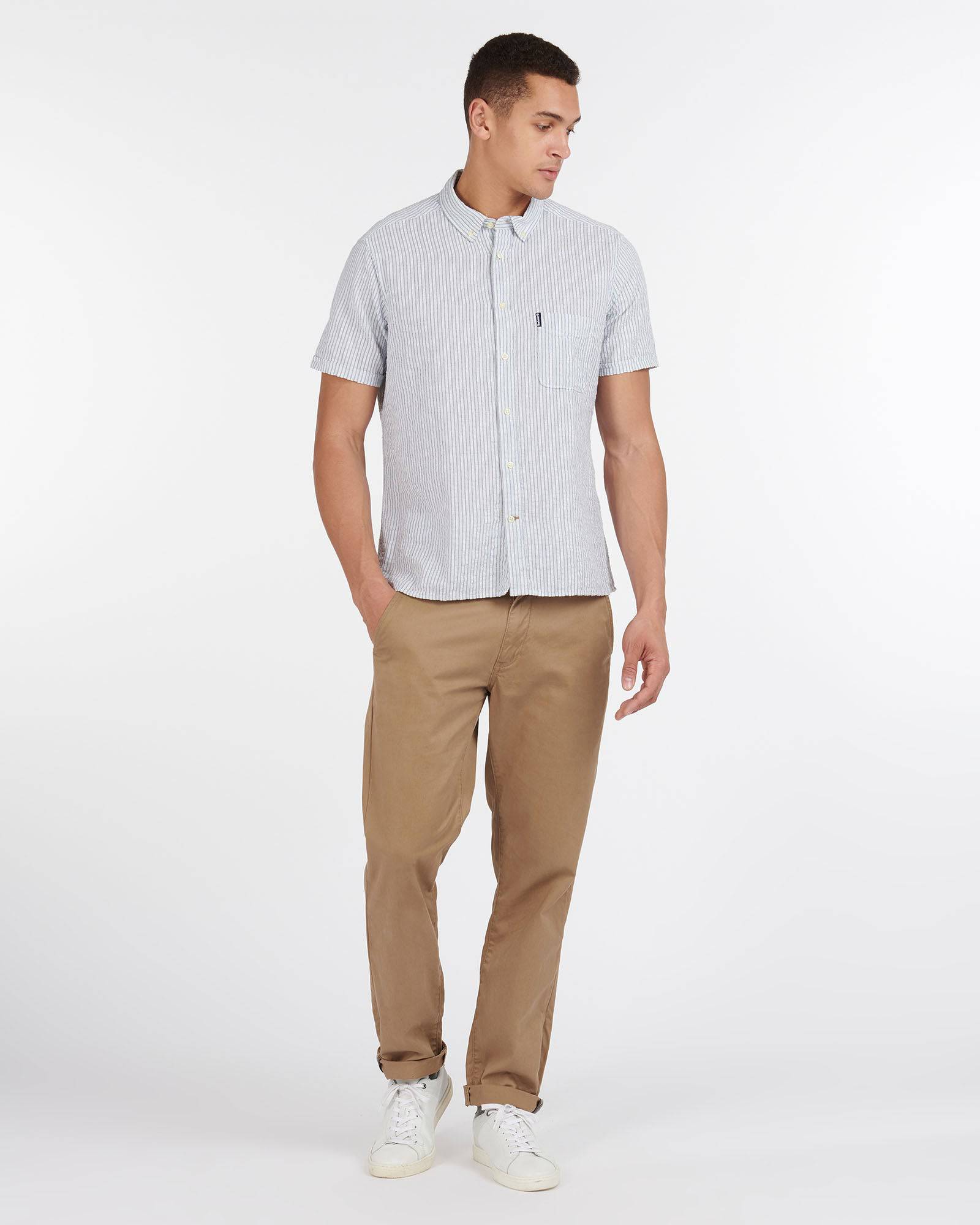 Barbour Seer 10 Inky Blue and White Seersucker Stripe Short Sleeve Button Down Collar Tailored Fit Shirt - Rainwater's Men's Clothing and Tuxedo Rental