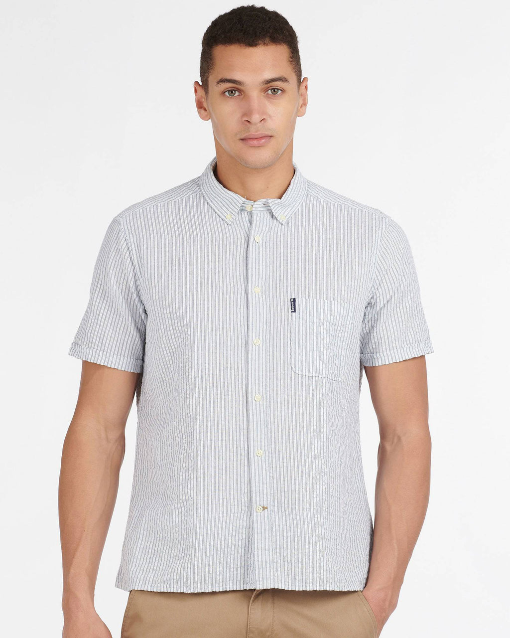Barbour Seer 10 Inky Blue and White Seersucker Stripe Short Sleeve Button Down Collar Tailored Fit Shirt - Rainwater's Men's Clothing and Tuxedo Rental