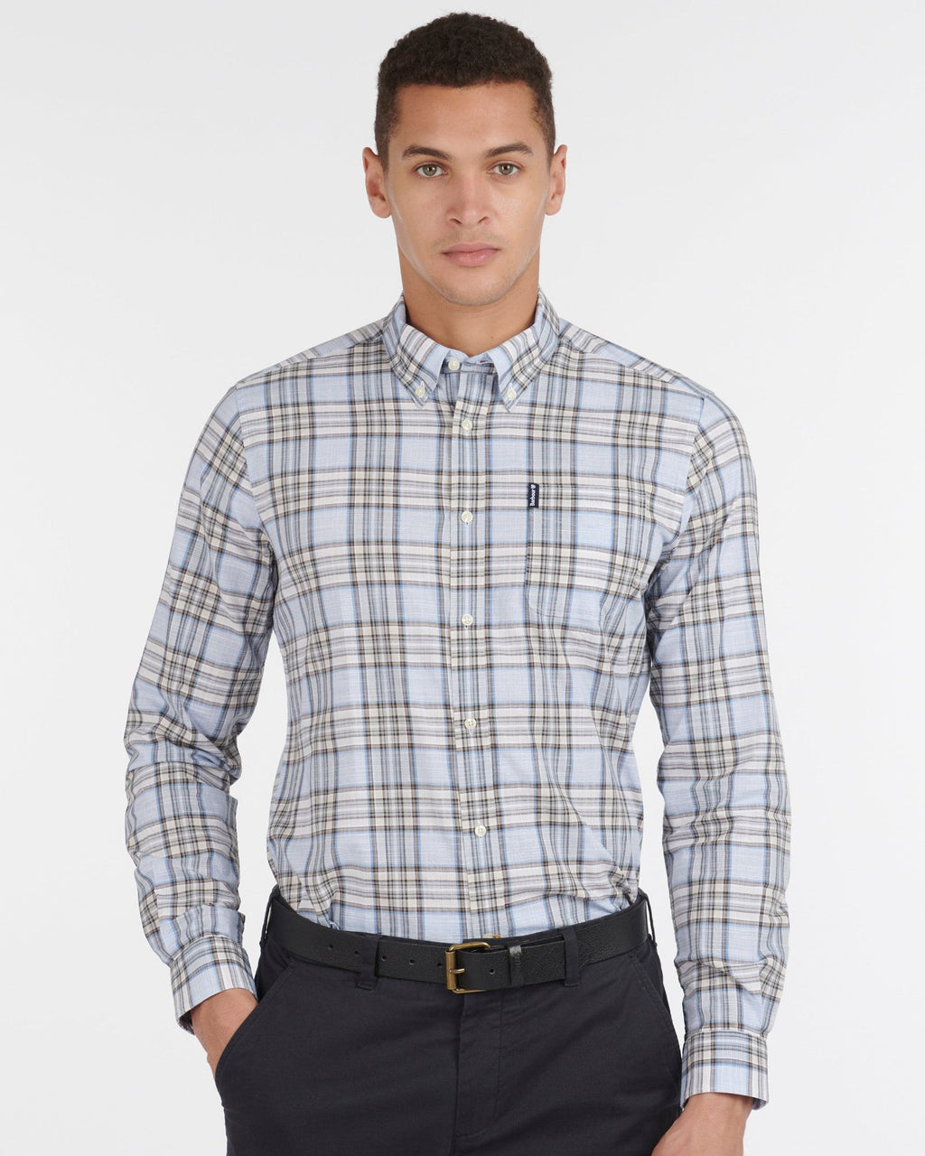 Barbour Highland Check 26 Light Blue and Khaki Long Sleeve Button Down Collar Tailored Fit Shirt - Rainwater's Men's Clothing and Tuxedo Rental
