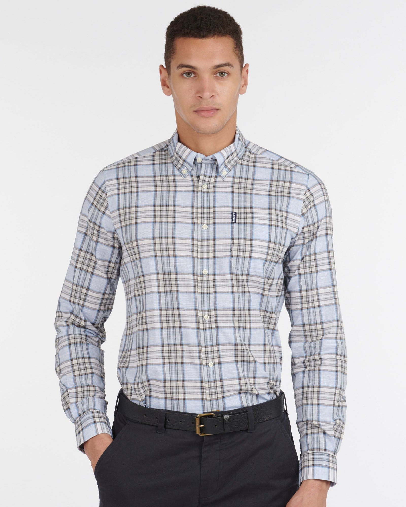 Barbour Highland Check 26 Light Blue and Khaki Long Sleeve Button Down Collar Tailored Fit Shirt - Rainwater's Men's Clothing and Tuxedo Rental