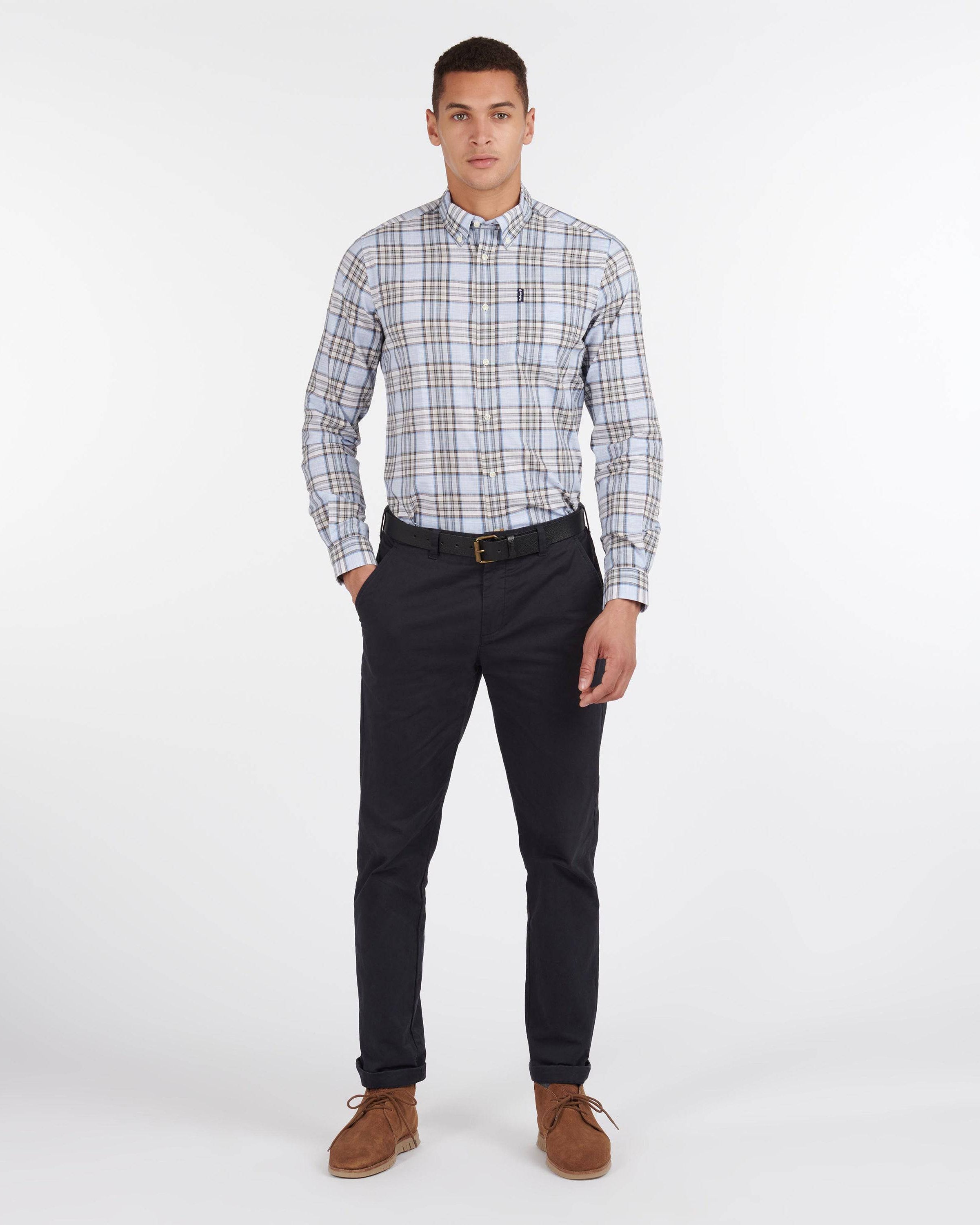 Barbour Highland Check 26 Light Blue and Khaki Long Sleeve Button Down Collar Tailored Fit Shirt - Rainwater's Men's Clothing and Tuxedo Rental