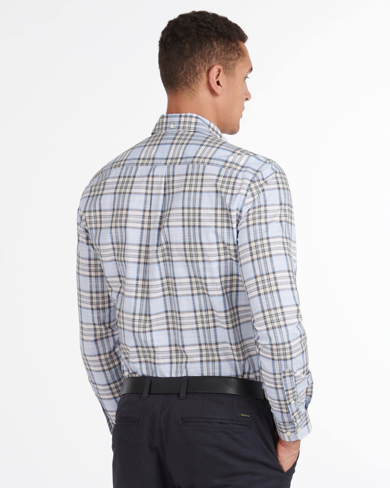 Barbour Highland Check 26 Light Blue and Khaki Long Sleeve Button Down Collar Tailored Fit Shirt - Rainwater's Men's Clothing and Tuxedo Rental