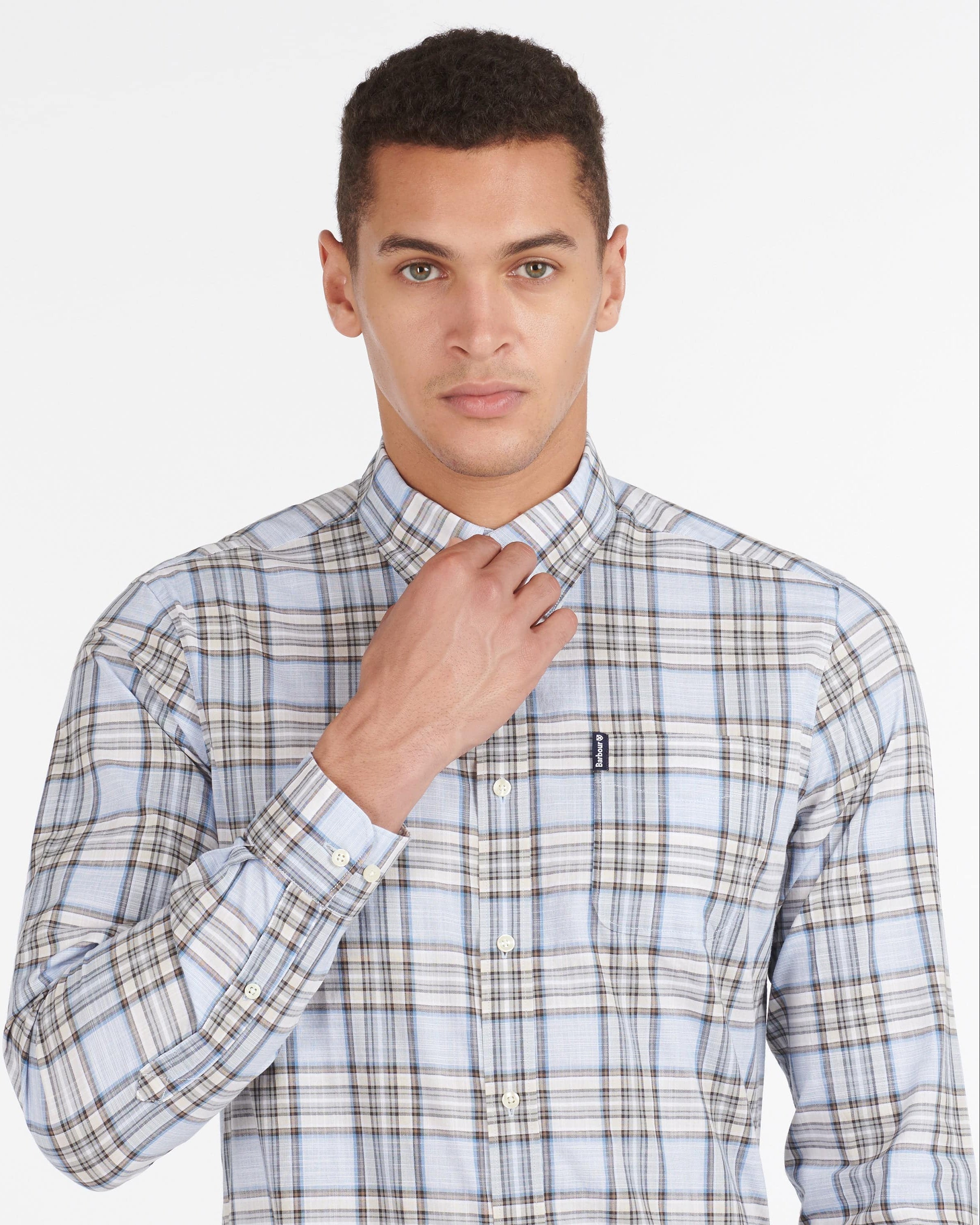 Barbour Highland Check 26 Light Blue and Khaki Long Sleeve Button Down Collar Tailored Fit Shirt - Rainwater's Men's Clothing and Tuxedo Rental