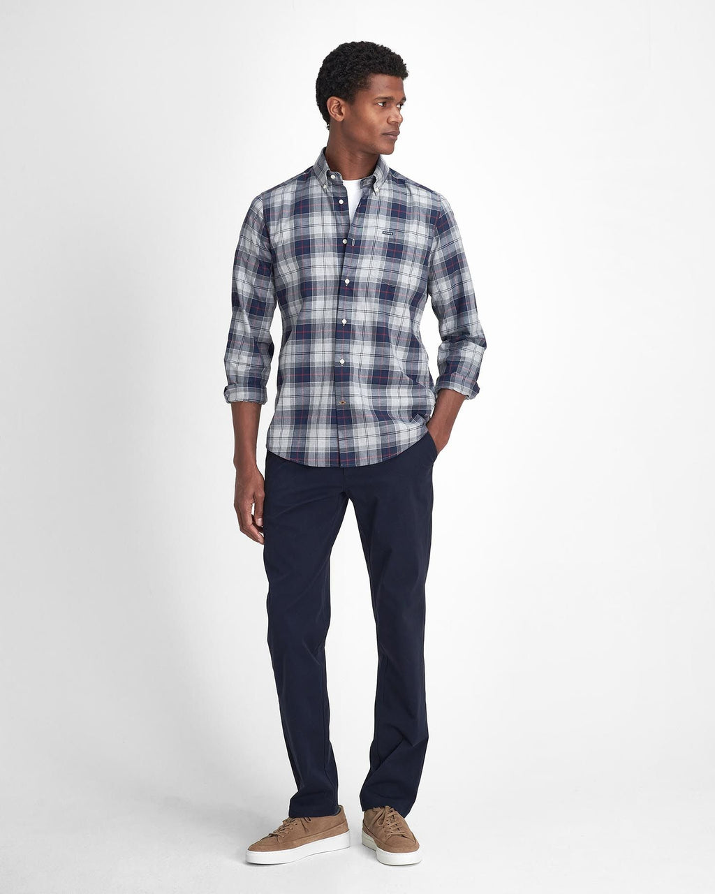 Barbour Wetheram Blue Granite Plaid Button Down Collar Shirt in Tailored Fit