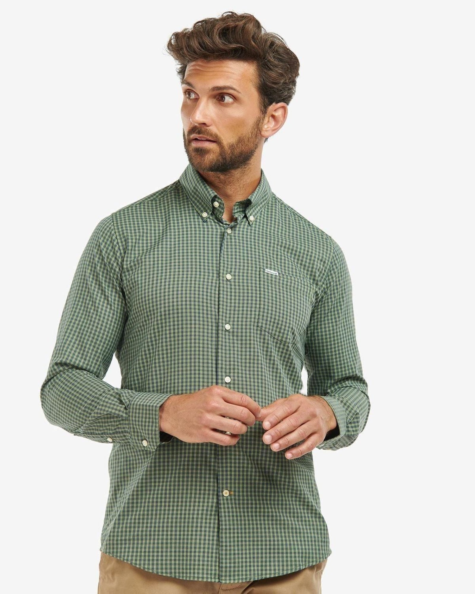 -Rainwater's -Barbour - Sport Shirt - Barbour Grove Long-Sleeved Tailored Button-down Performance Shirt in Olive -