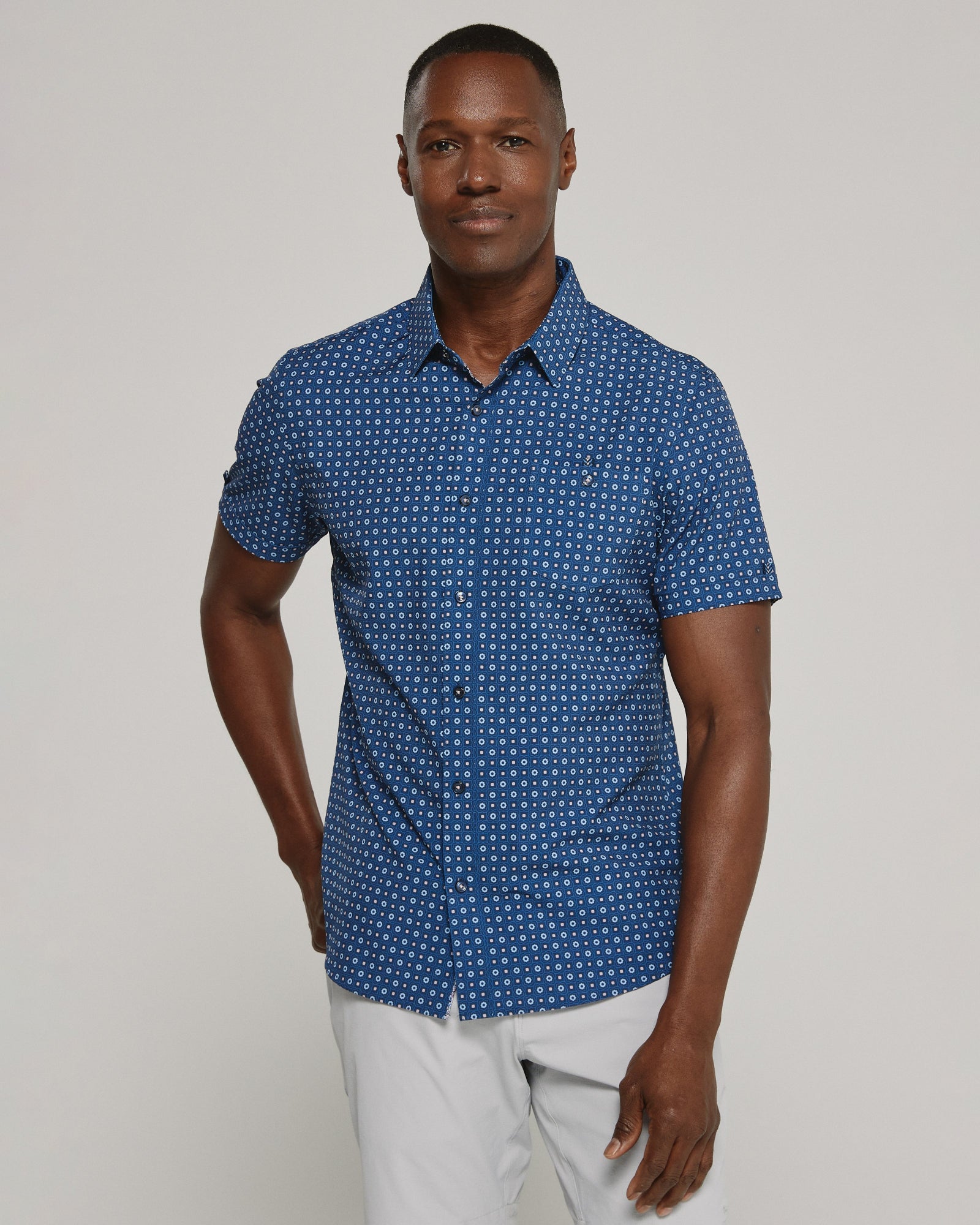 7 Diamonds Roche Blue Neat Print Short Sleeve Shirt