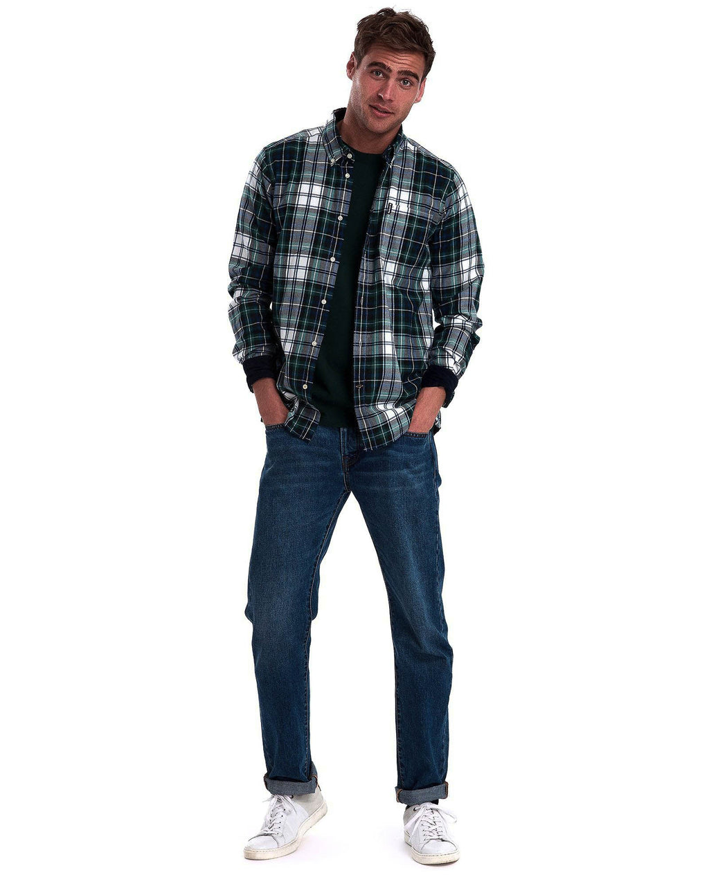 Barbour Highland Check 20 Classic Tartan Button down Collar Tailored Fit In Navy & Green