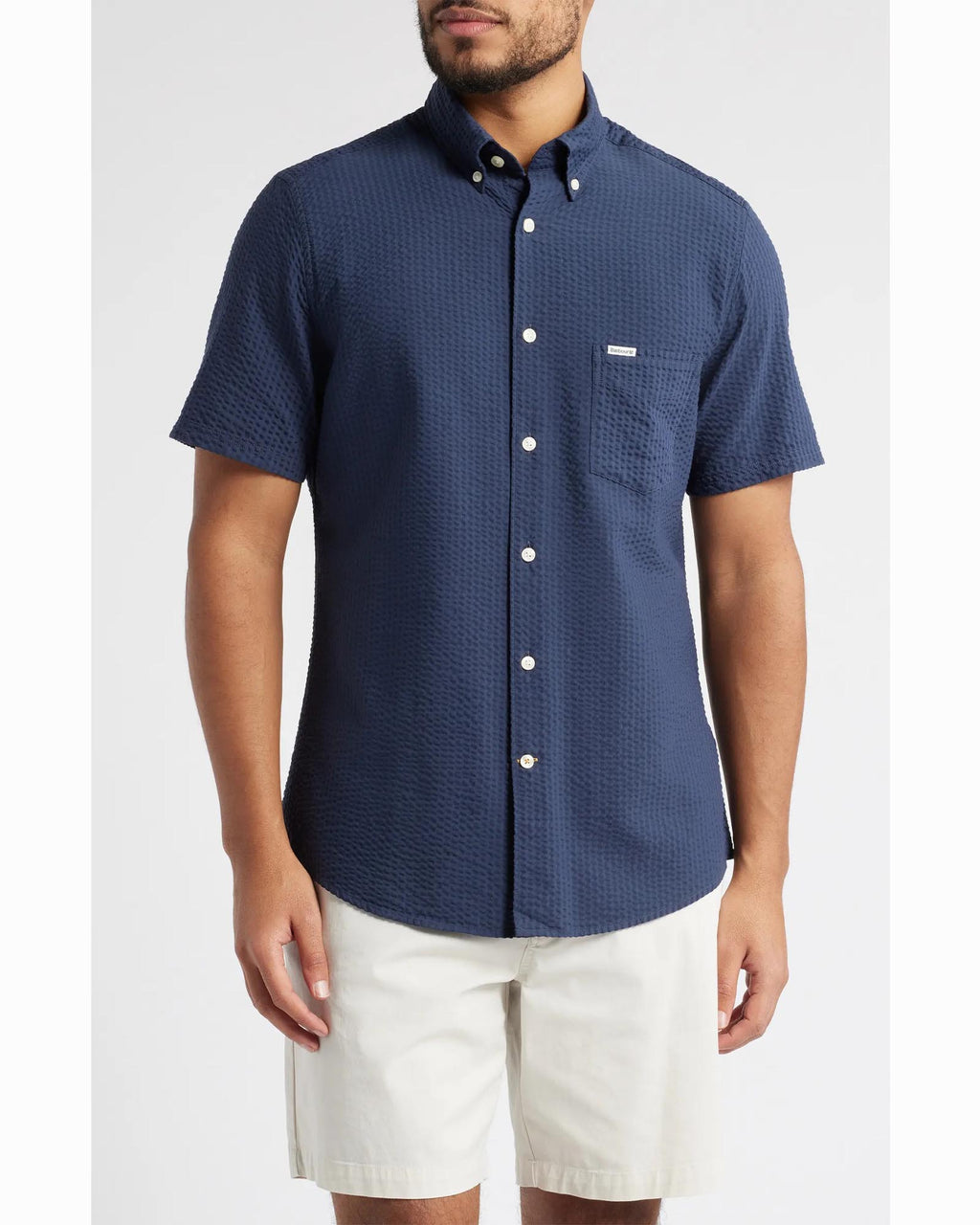 Barbour Longhall Performance Seersucker Tailored Fit Short Sleeve Shirt In Navy