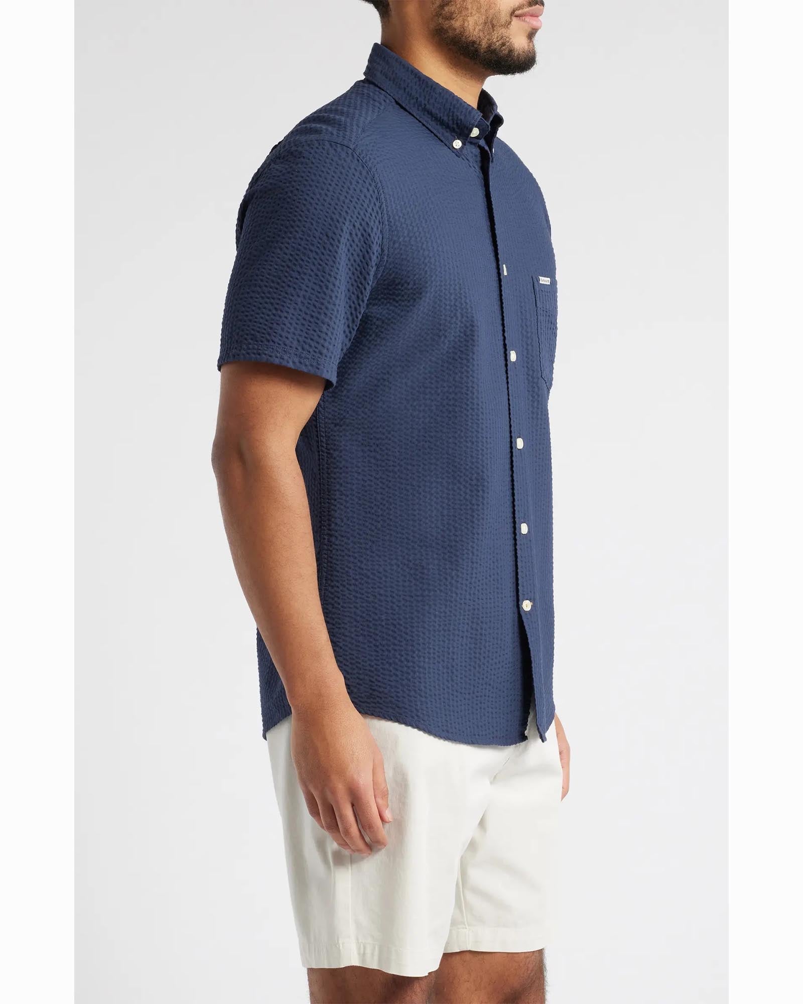 Barbour Longhall Performance Seersucker Tailored Fit Short Sleeve Shirt In Navy