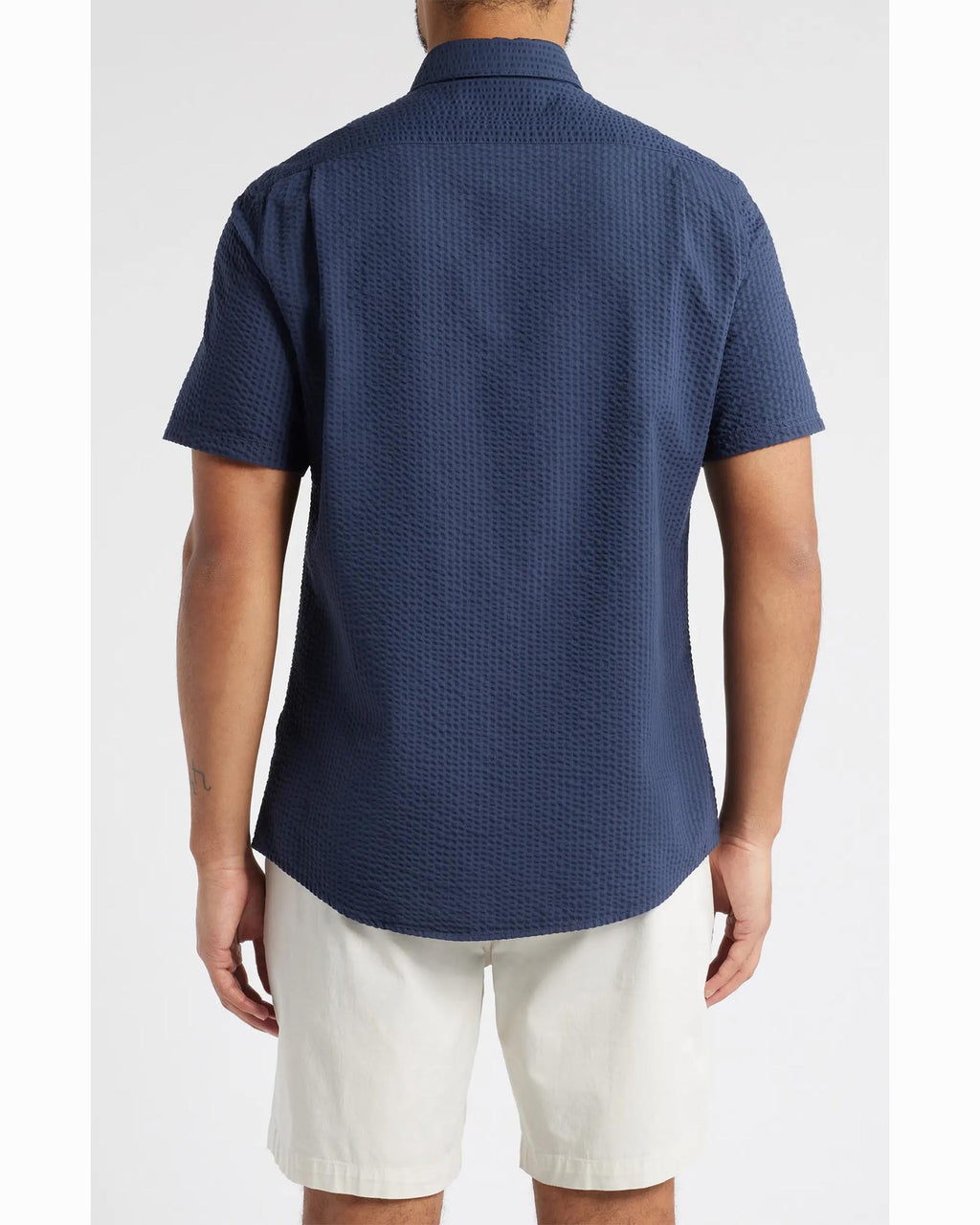 Barbour Longhall Performance Seersucker Tailored Fit Short Sleeve Shirt In Navy