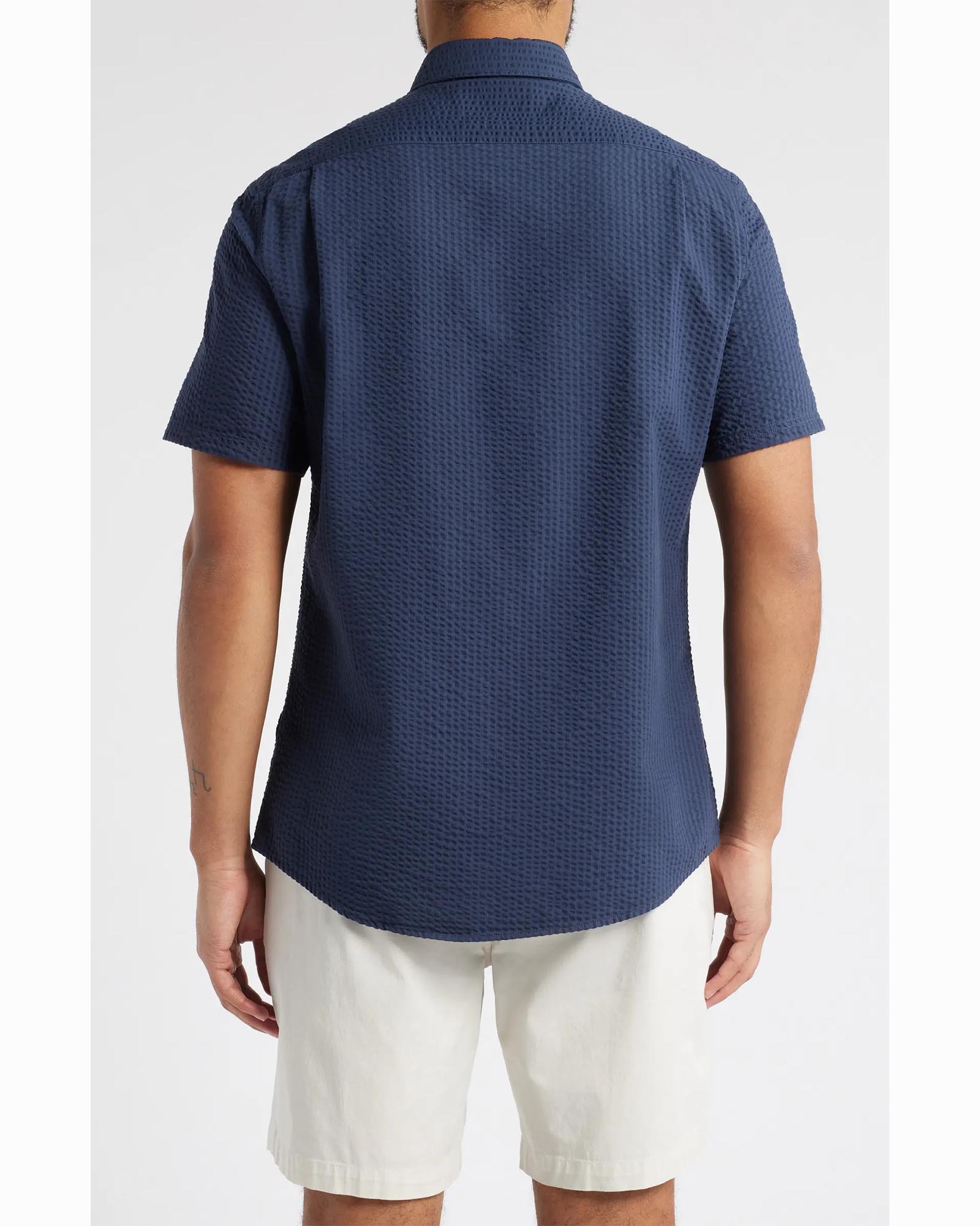 Barbour Longhall Performance Seersucker Tailored Fit Short Sleeve Shirt In Navy