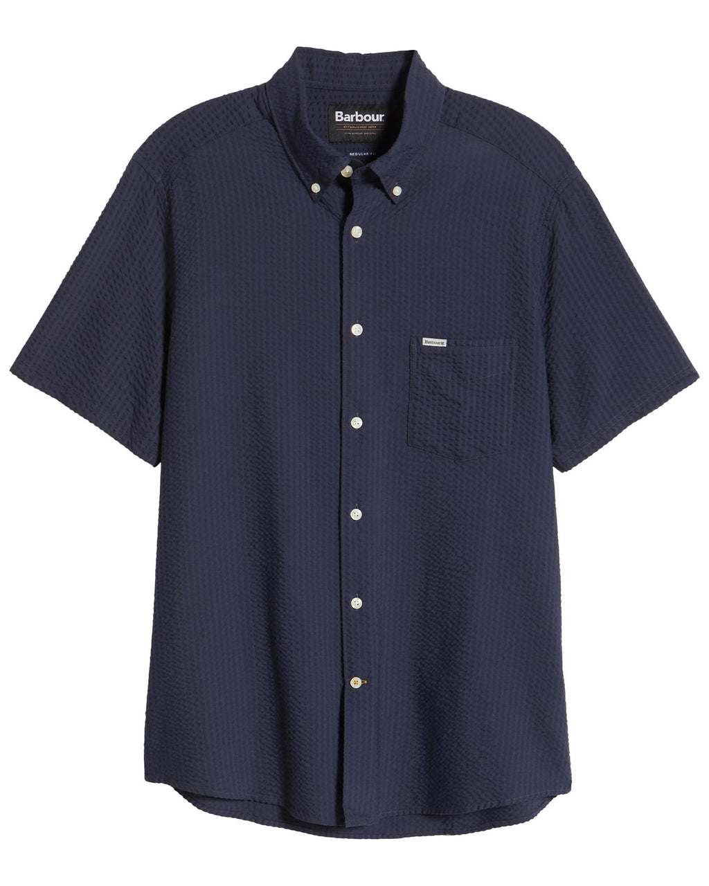 Barbour Longhall Performance Seersucker Tailored Fit Short Sleeve Shirt In Navy