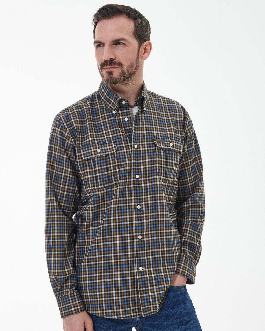 -Rainwater's -Barbour - Button Up Sport Shirts - Barbour Foss Tailored Buttondown Collar Shirt in Navy & Tan Plaid -