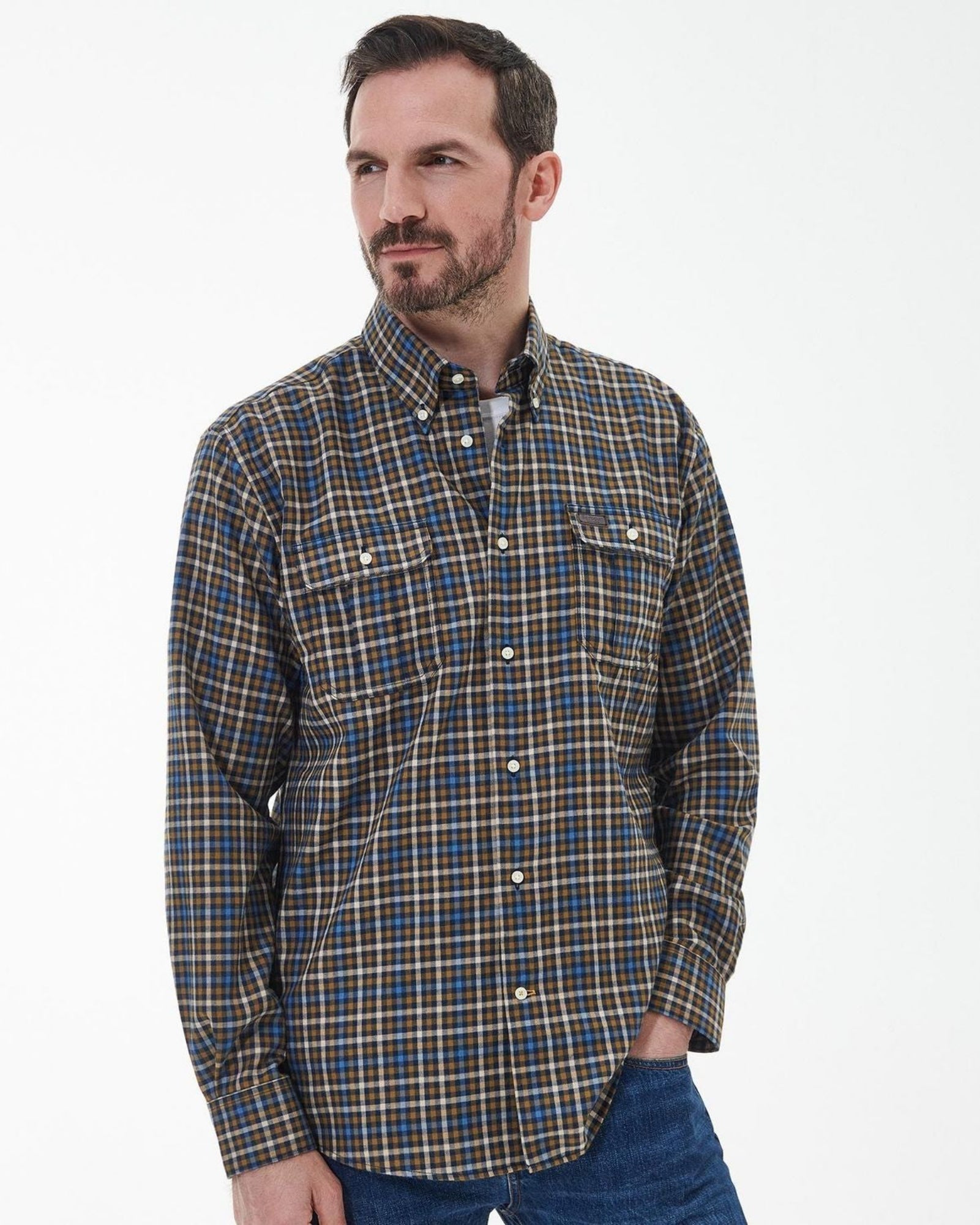 -Rainwater's -Barbour - Button Up Sport Shirts - Barbour Foss Tailored Buttondown Collar Shirt in Navy & Tan Plaid -