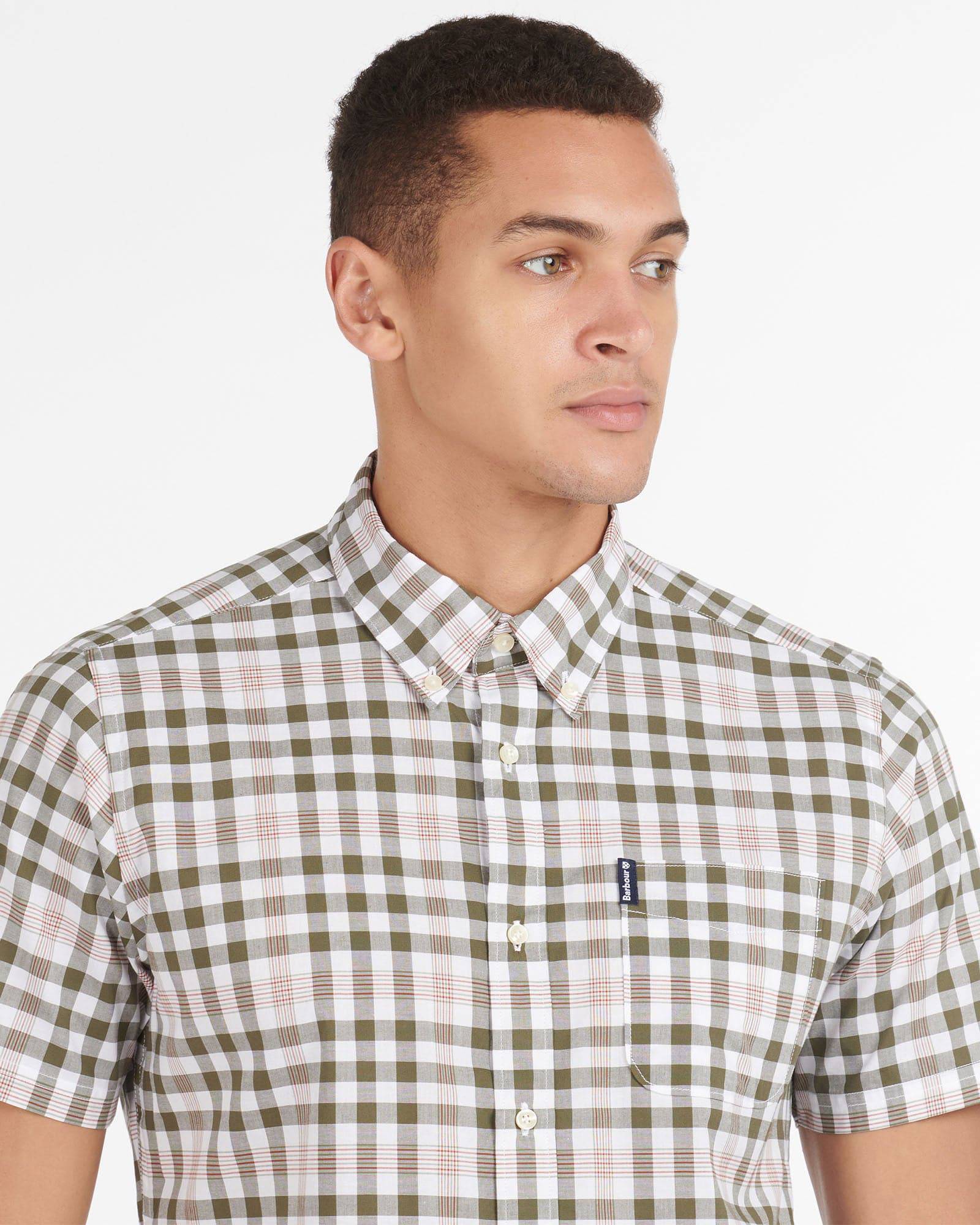Barbour Gingham 26 Olive and White Short Sleeve Button Down Collar Tailored Fit Shirt - Rainwater's Men's Clothing and Tuxedo Rental