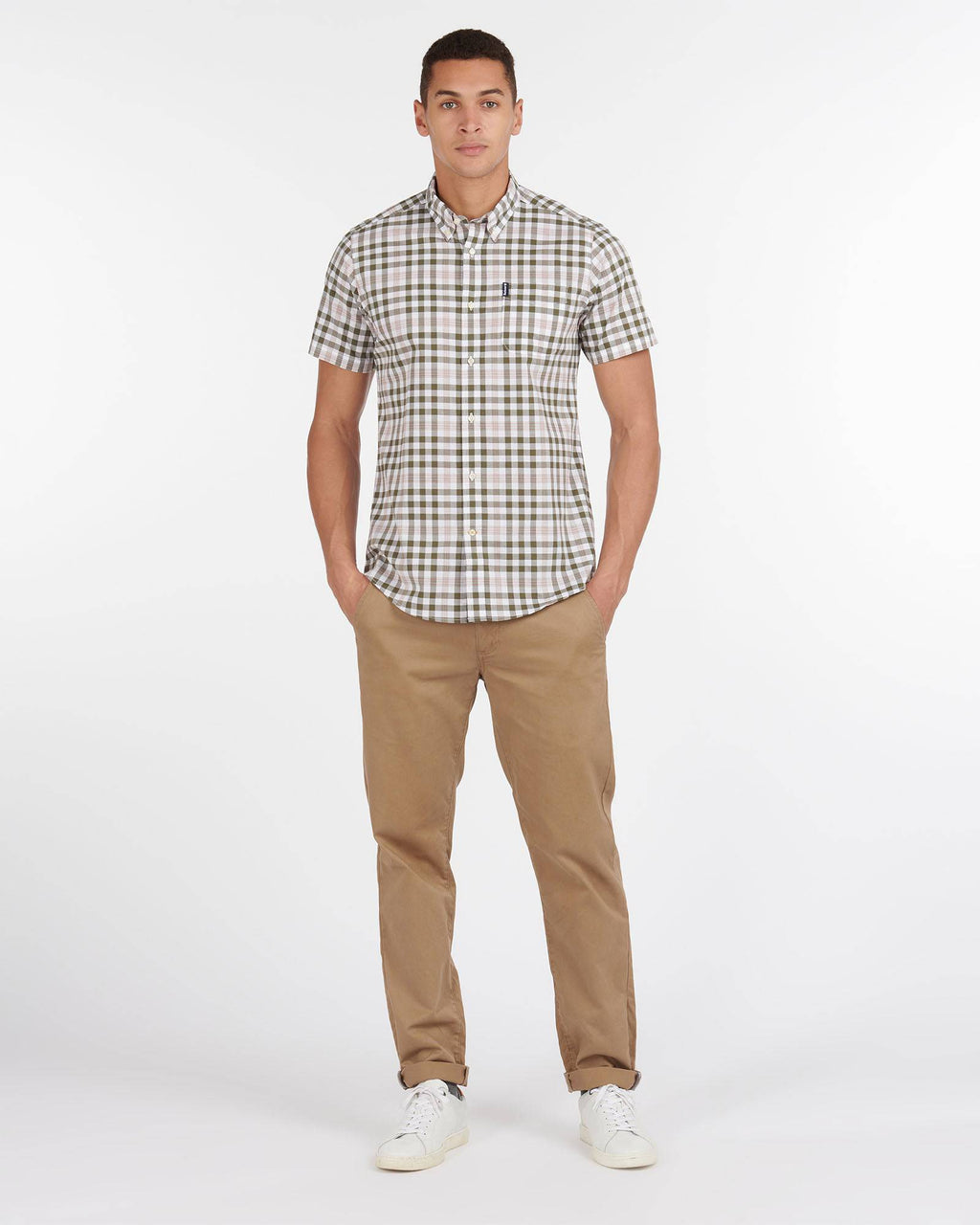 Barbour Gingham 26 Olive and White Short Sleeve Button Down Collar Tailored Fit Shirt - Rainwater's Men's Clothing and Tuxedo Rental