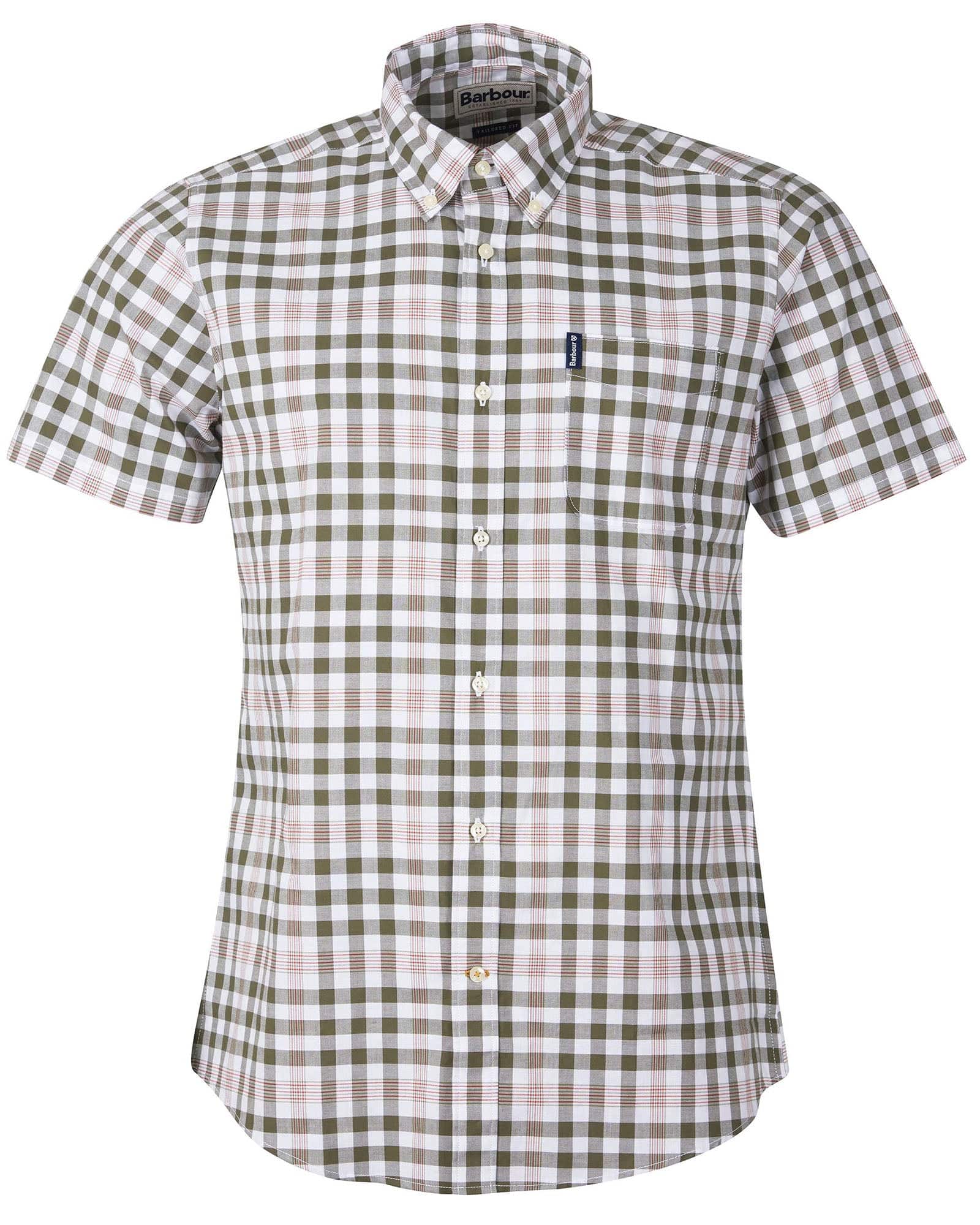 Barbour Gingham 26 Olive and White Short Sleeve Button Down Collar Tailored Fit Shirt - Rainwater's Men's Clothing and Tuxedo Rental