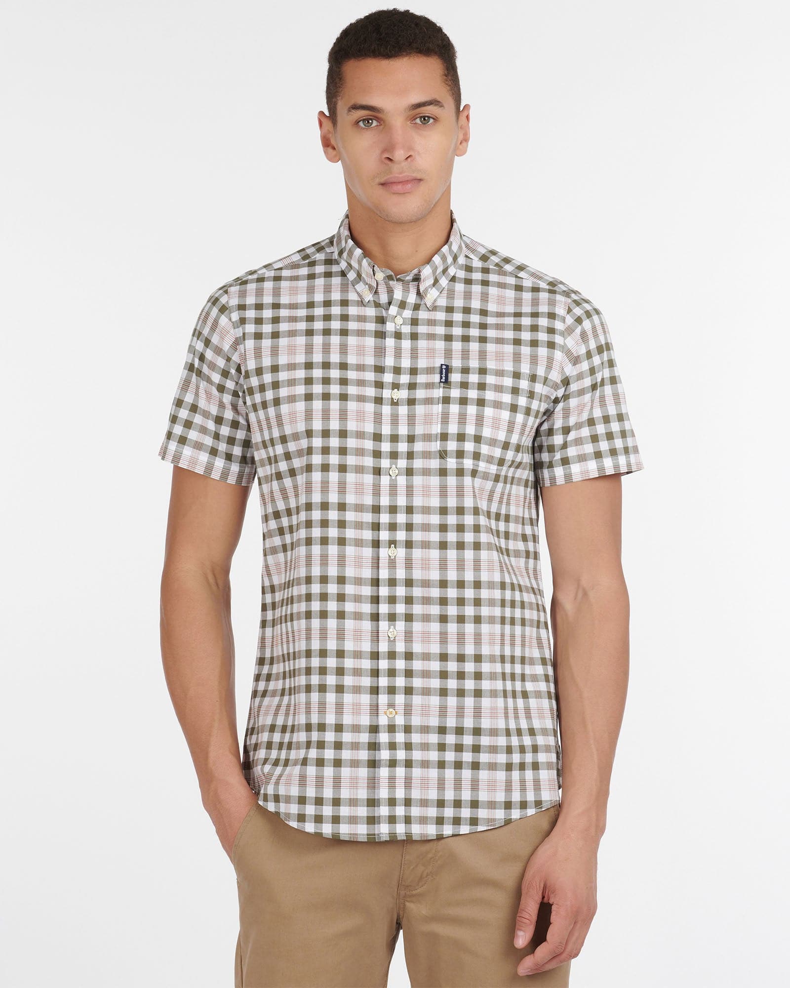 Barbour Gingham 26 Olive and White Short Sleeve Button Down Collar Tailored Fit Shirt - Rainwater's Men's Clothing and Tuxedo Rental