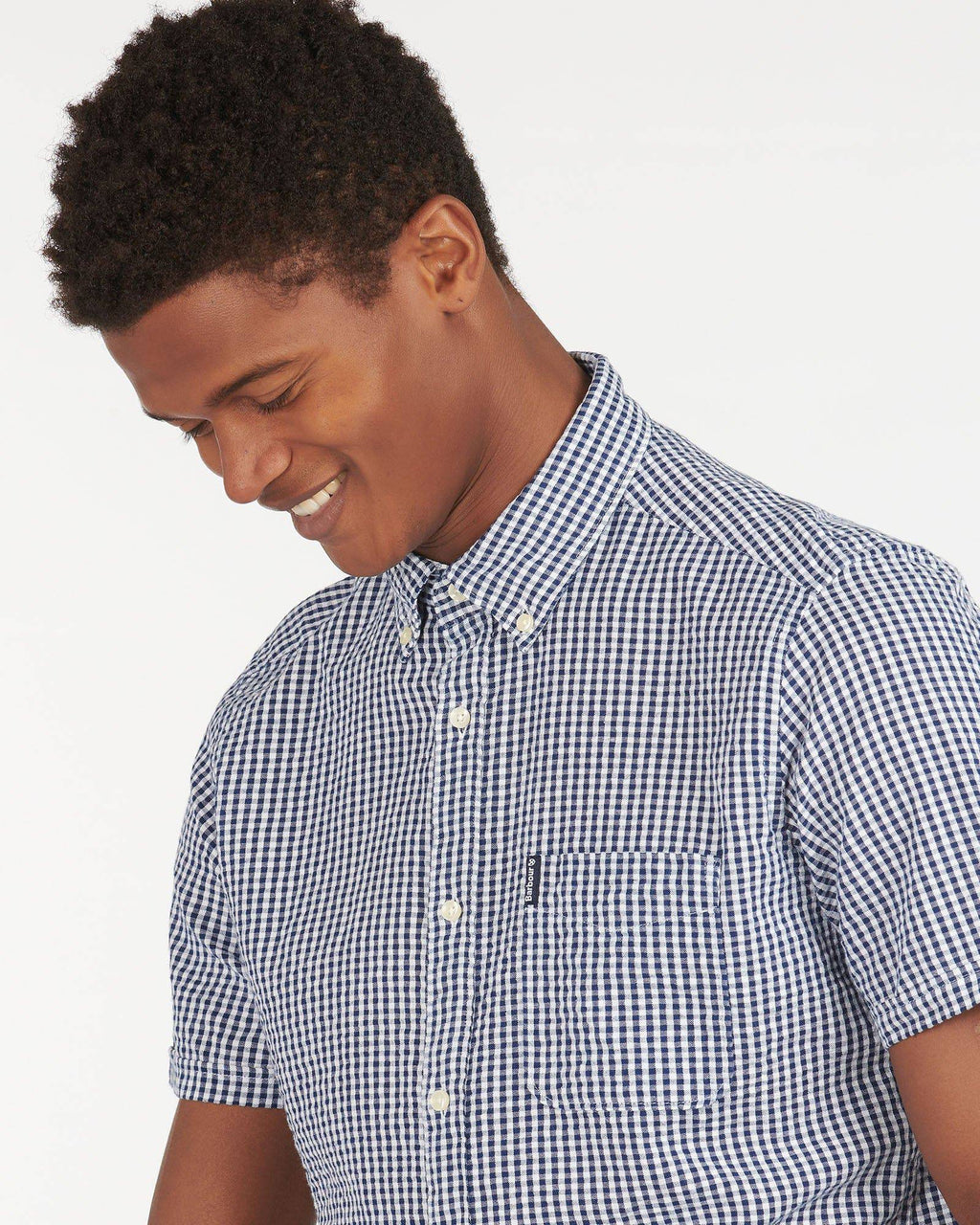 Barbour Seer 8 Inky Blue and White Seersucker Gingham Check Short Sleeve Button Down Collar Tailored Fit Shirt - Rainwater's Men's Clothing and Tuxedo Rental