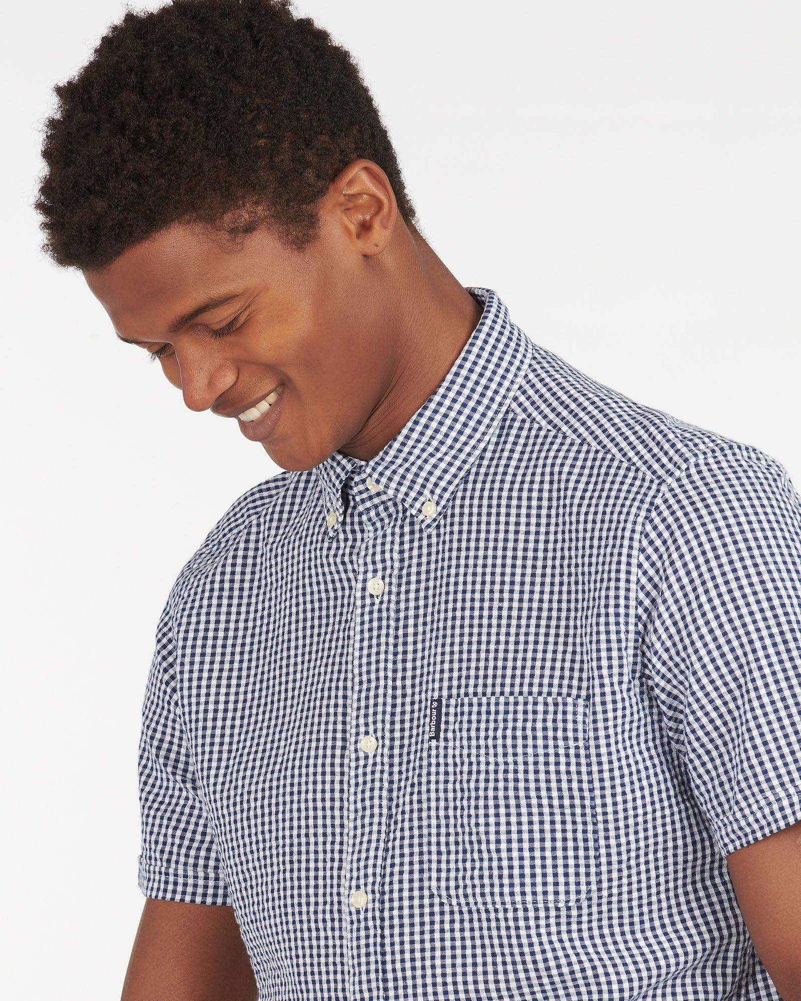 Barbour Seer 8 Inky Blue and White Seersucker Gingham Check Short Sleeve Button Down Collar Tailored Fit Shirt - Rainwater's Men's Clothing and Tuxedo Rental