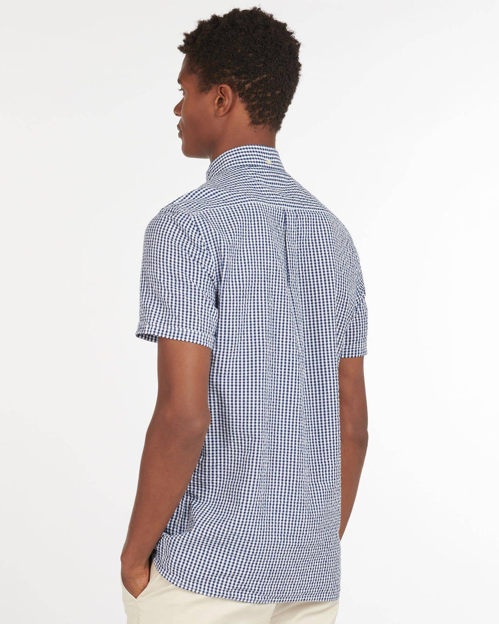 Barbour Seer 8 Inky Blue and White Seersucker Gingham Check Short Sleeve Button Down Collar Tailored Fit Shirt - Rainwater's Men's Clothing and Tuxedo Rental