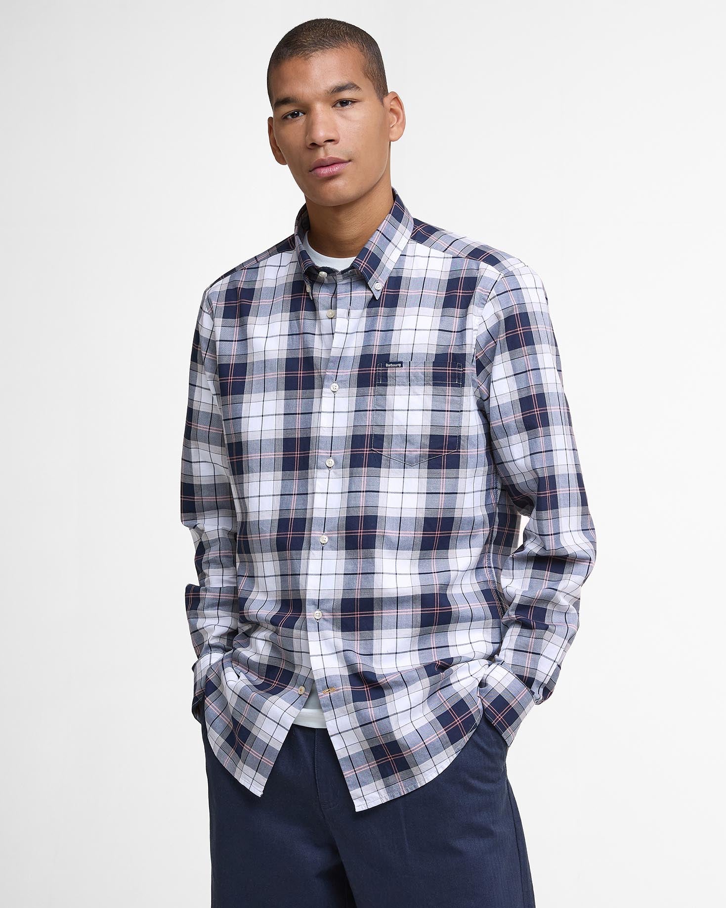 Barbour Wetheram Tartan Plaid Button Down Collar Shirt in Tailored Fit In Navy & White