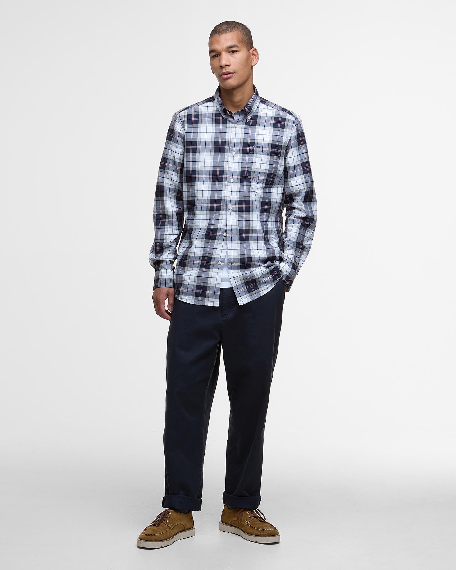 Barbour Wetheram Tartan Plaid Button Down Collar Shirt in Tailored Fit In Navy & White