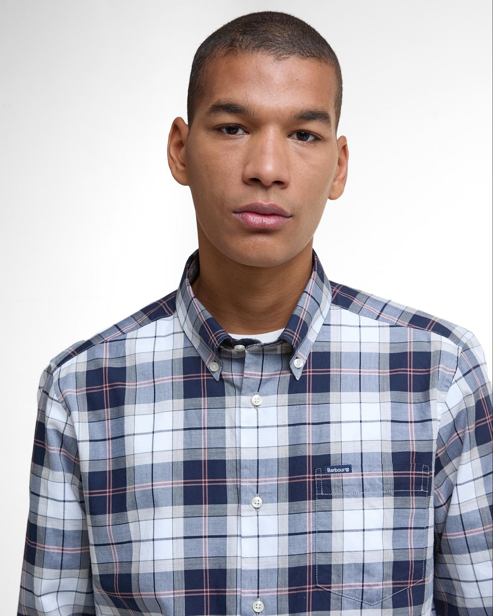 Barbour Wetheram Tartan Plaid Button Down Collar Shirt in Tailored Fit In Navy & White