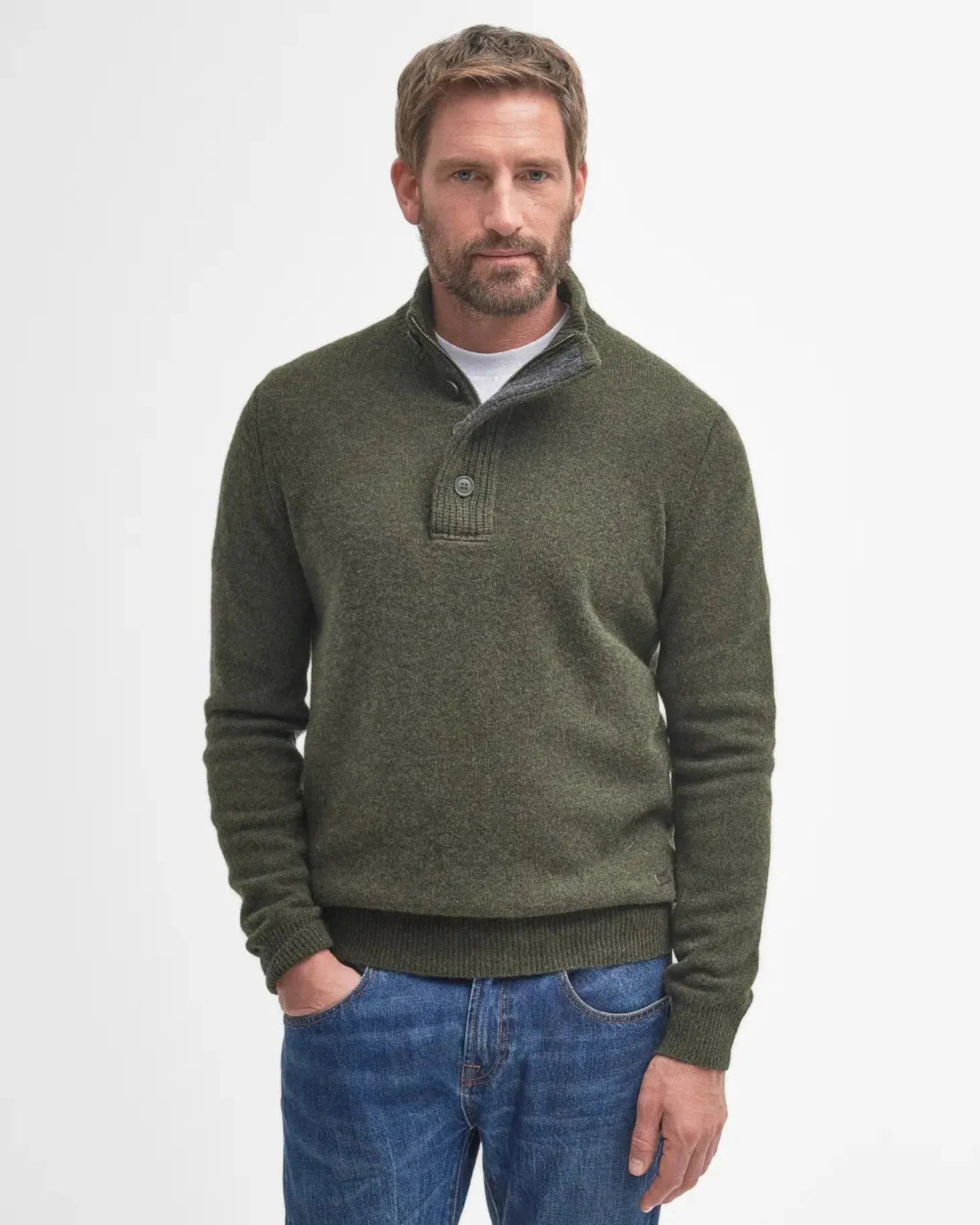 Barbour Essential 1/4 Zip Elbow Patch Sweater in Seaweed