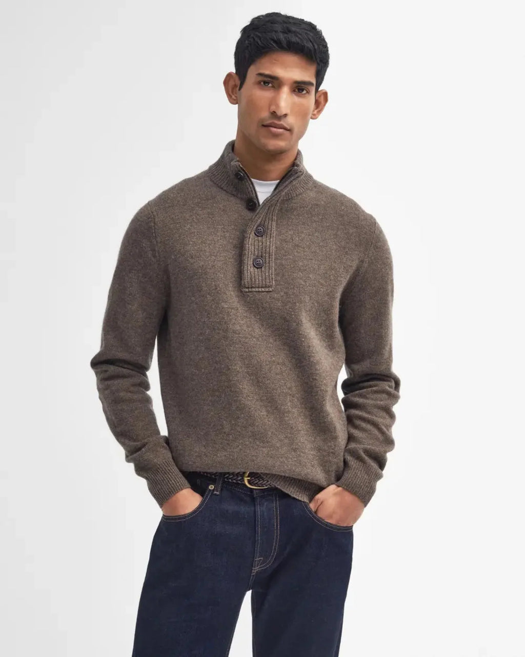 Barbour Essential 1/4 Zip Elbow Patch Sweater in Dark Stone