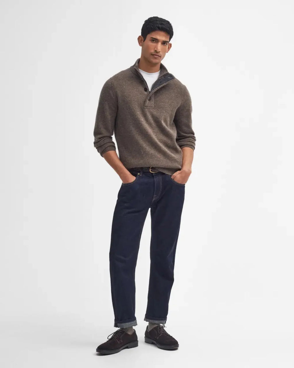 Barbour Essential 1/4 Zip Elbow Patch Sweater in Dark Stone