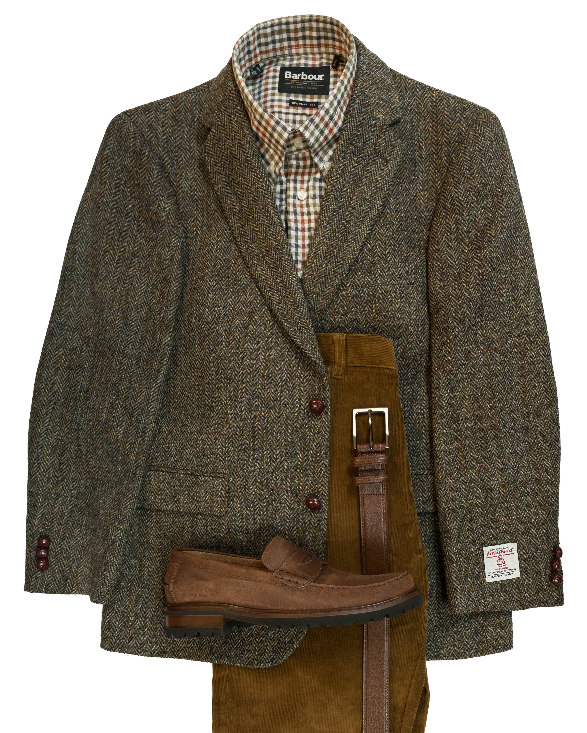 Harris Tweed Sport Coat in Olive Herringbone with over Plaid